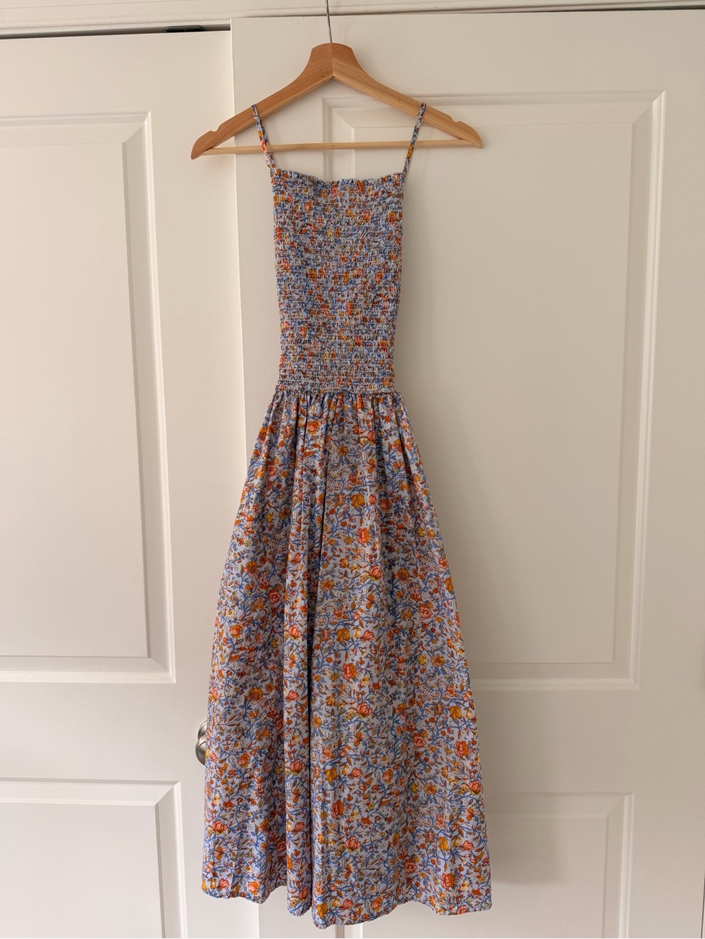 J. Crew Floral Smocked Midi Dress in Light Blue and Orange - Picture 3 of 8